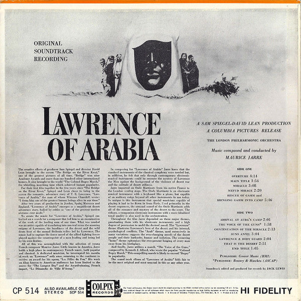 Maurice Jarre With London Philharmonic Orchestra : Original Soundtrack Recording:  Lawrence Of Arabia (LP, Album, Mono)