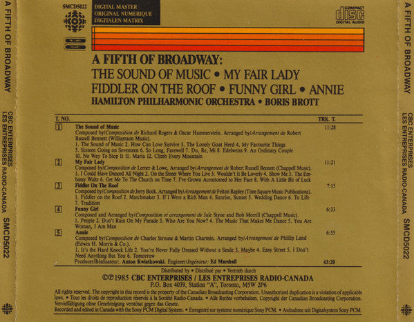 Hamilton Philharmonic Orchestra · Boris Brott : A Fifth Of Broadway: The Sound Of Music · My Fair Lady · Fiddler On The Roof · Funny Girl · Annie (CD, Album)