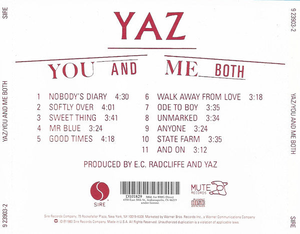 Yazoo : You And Me Both (CD, Album, Club, RE)