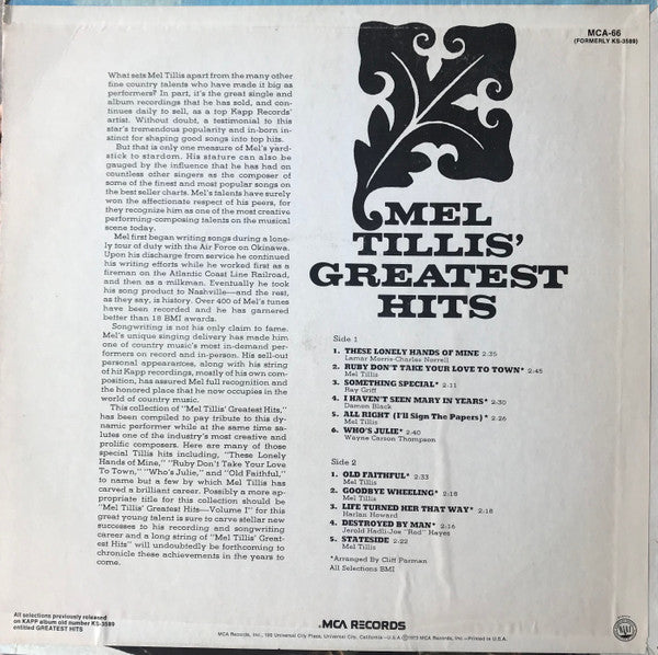 Mel Tillis : Mel Tillis' Greatest Hits (LP, Comp, RE)