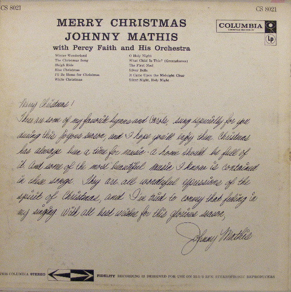 Johnny Mathis With Percy Faith & His Orchestra : Merry Christmas (LP, Album, RE)
