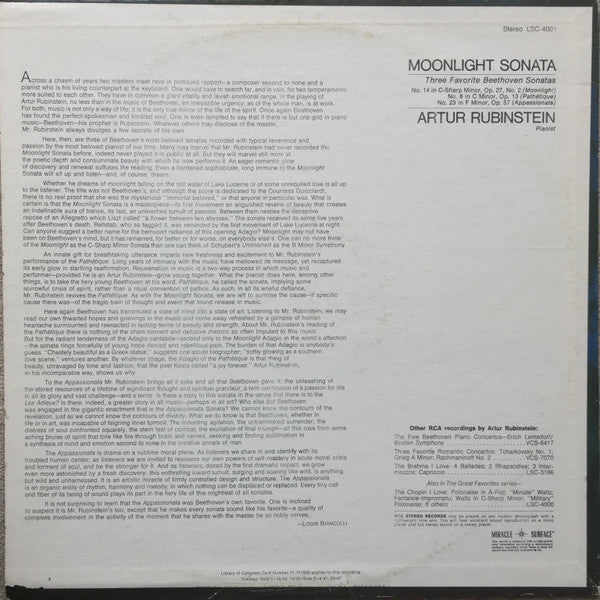 Arthur Rubinstein : Moonlight Sonata: Three Favorite Beethoven Sonatas (LP, Album, RE, Ind)