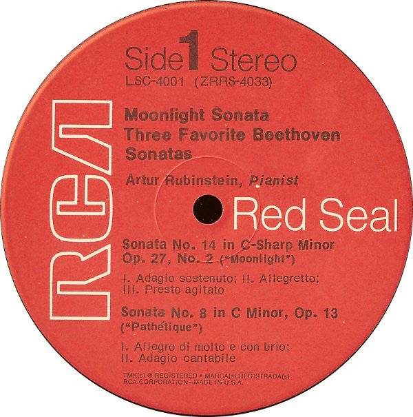 Arthur Rubinstein : Moonlight Sonata: Three Favorite Beethoven Sonatas (LP, Album, RE, Ind)