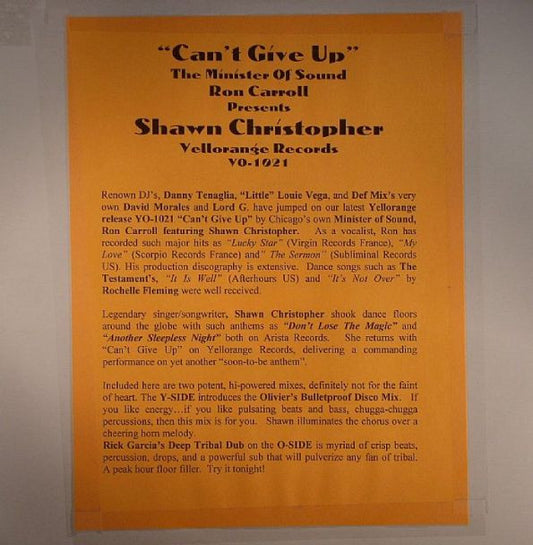 Ron Carroll Presents Shawn Christopher : Can't Give Up (12", TP, Ora)