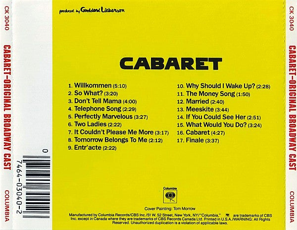 Harold Prince In Association With Ruth Mitchell Presents The New Musical Starring Jill Haworth, Jack Gilford, Bert Convy And Lotte Lenya : Cabaret - Original Broadway Cast (CD, Album, RE)