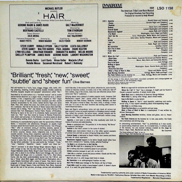 Various : Hair - The Original Broadway Cast Recording (LP, Album, RE)