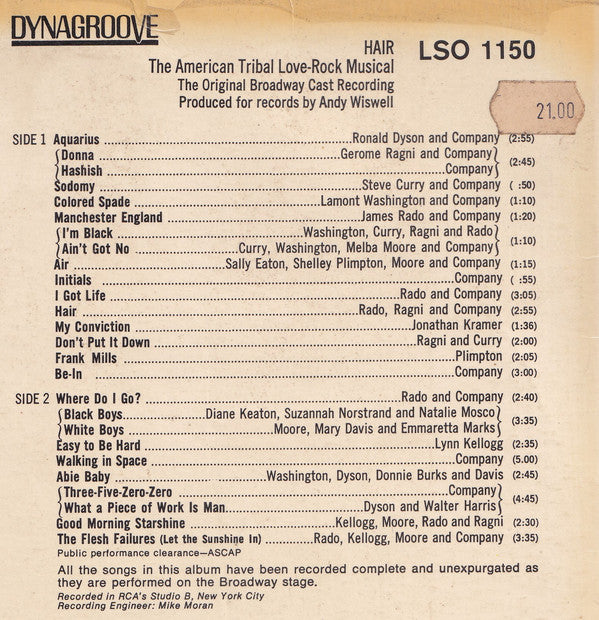 Various : Hair - The Original Broadway Cast Recording (LP, Album, RE)