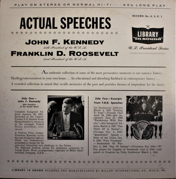 Franklin D. Roosevelt / John F. Kennedy : Actual Speeches Of Franklin D. Roosevelt And John F. Kennedy (LP, Album)