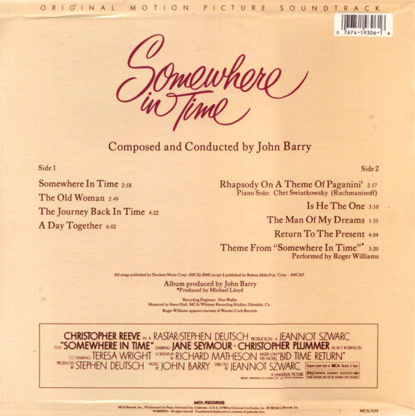 John Barry : Somewhere In Time (Original Motion Picture Soundtrack) (LP, Album, RE, Pin)