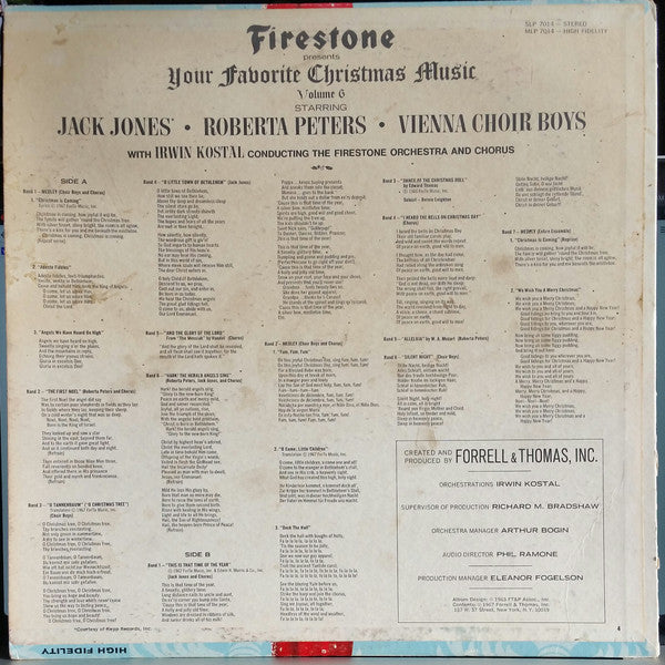 Jack Jones • Roberta Peters • Die Wiener Sängerknaben With Irwin Kostal And The Firestone Orchestra And Chorus : Firestone Presents Your Favorite Christmas Music Volume 6 (LP, Album, Jac)