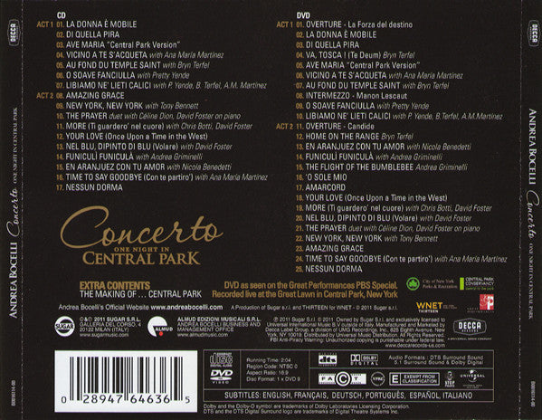 Andrea Bocelli : Concerto: One Night In Central Park (CD, Album + DVD-V, Multichannel, NTSC)