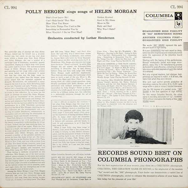 Polly Bergen : Bergen Sings Morgan (LP, Album, Mono)