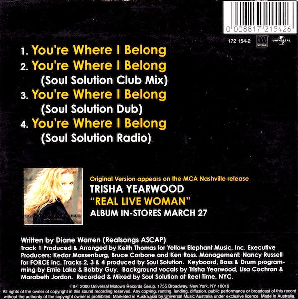 Trisha Yearwood : You're Where I Belong (CD, Single, Car)