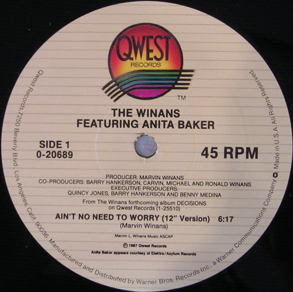 The Winans Featuring Anita Baker : Ain't No Need To Worry (12", Maxi)