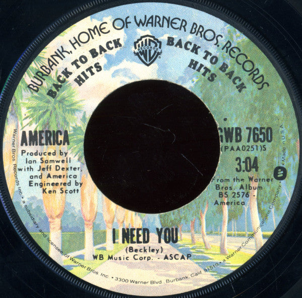 America (2) : A Horse With No Name / I Need You (7", Single, RE, Jac)