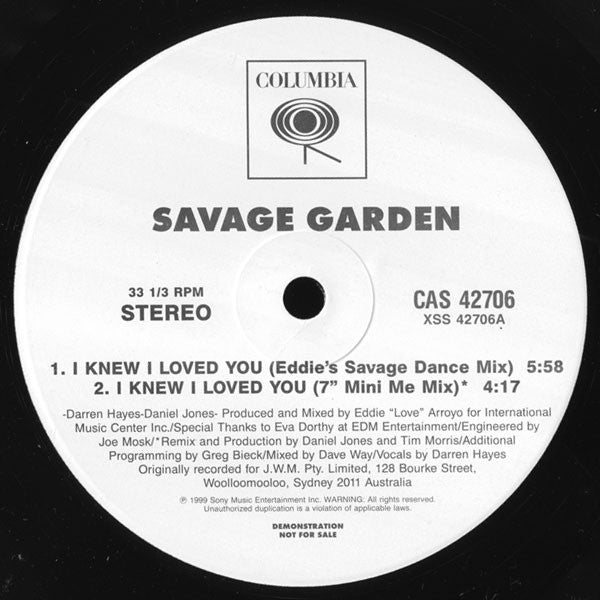 Savage Garden : I Knew I Loved You (12", Promo)