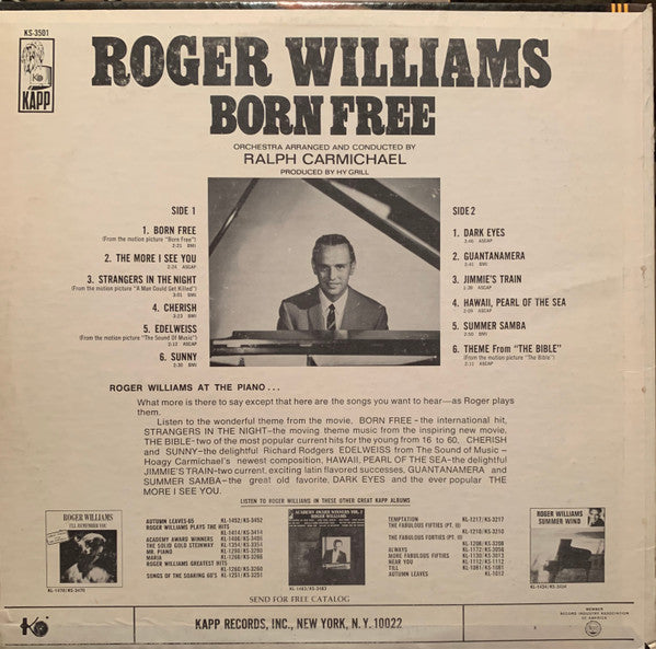 Roger Williams (2) : Born Free (LP, Album, Ind)
