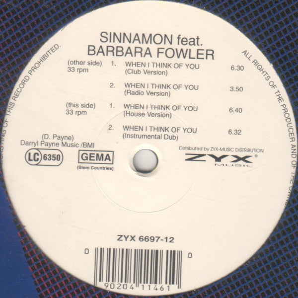 Sinnamon Feat. Barbara Fowler : When I Think Of You (12")