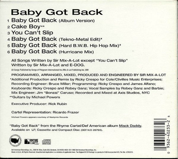 Sir Mix-A-Lot : Baby Got Back (CD, Maxi, Dig)