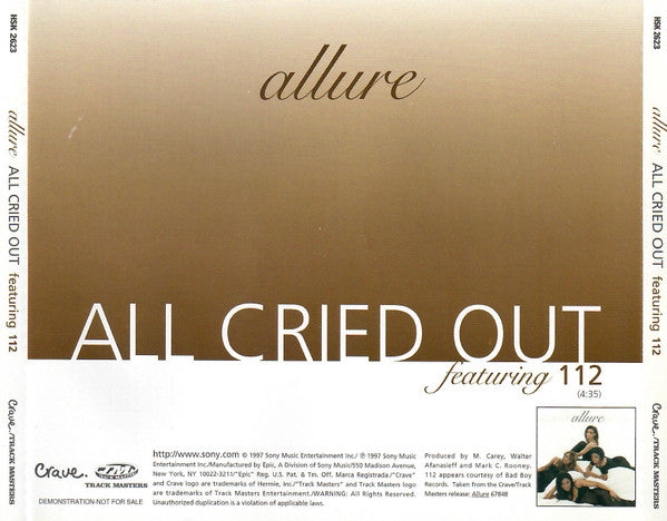 Allure (3) Featuring 112 : All Cried Out (CD, Single, Promo)