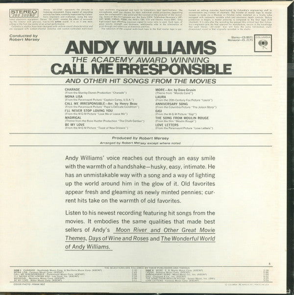 Andy Williams : The Academy Award Winning Call Me Irresponsible And Other Hit Songs From The Movies (LP, Album)