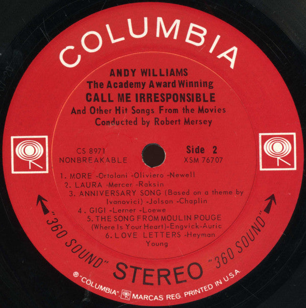 Andy Williams : The Academy Award Winning Call Me Irresponsible And Other Hit Songs From The Movies (LP, Album)