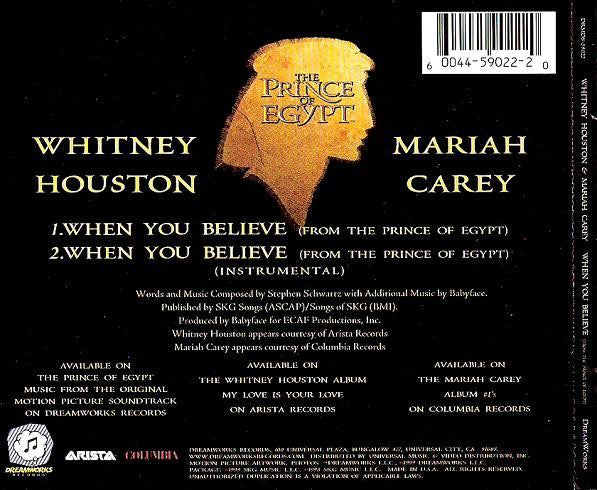 Whitney Houston And Mariah Carey : When You Believe (From The Prince Of Egypt) (CD, Single)