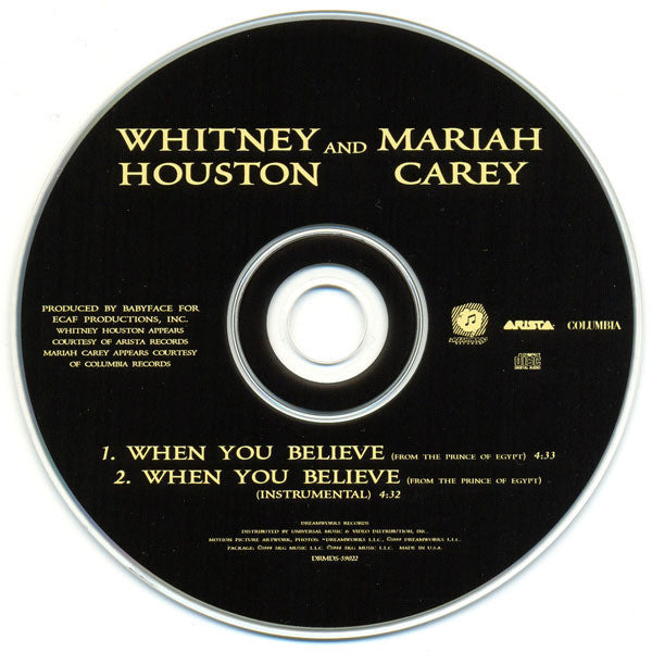 Whitney Houston And Mariah Carey : When You Believe (From The Prince Of Egypt) (CD, Single)