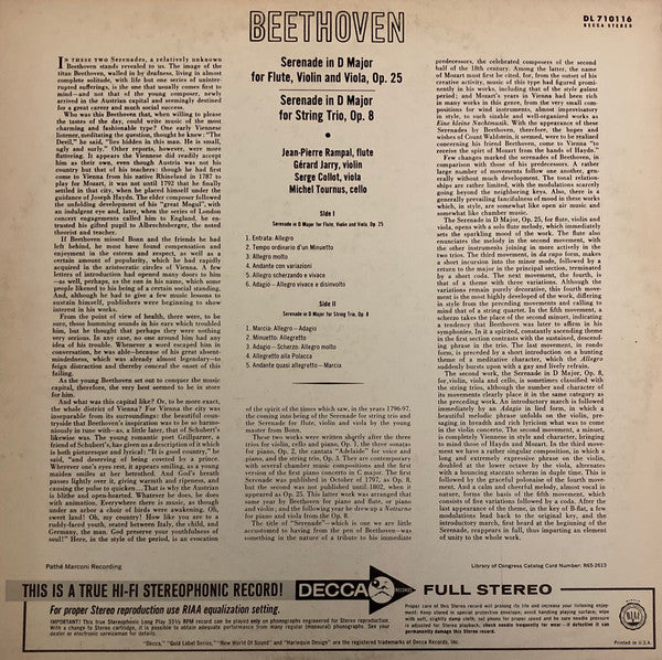 Ludwig van Beethoven - Jean-Pierre Rampal, Gérard Jarry, Serge Collot, Michel Tournus : Serenade In D Major For Flute, Violin And Viola, Op. 25 / Serenade In D Major For String Trio, Op. 8 (LP)