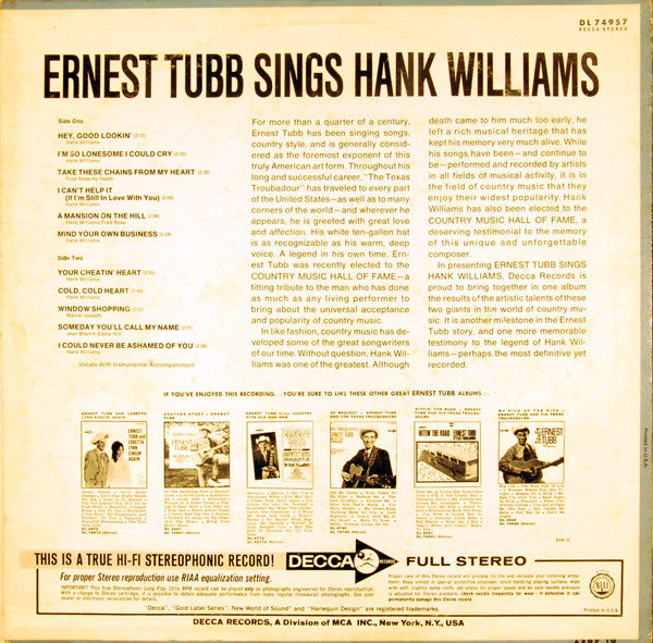 Ernest Tubb : Ernest Tubb Sings Hank Williams (LP, Album)