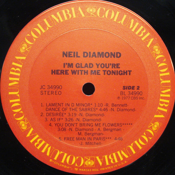 Neil Diamond : I'm Glad You're Here With Me Tonight (LP, Album, Pit)