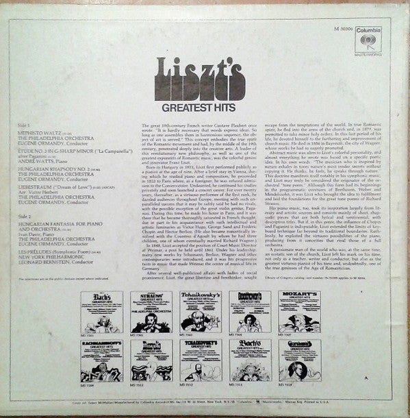 Franz Liszt, Leonard Bernstein, André Watts, Eugene Ormandy, Ivan Davis (2) : Liszt's Greatest Hits (LP, Comp)