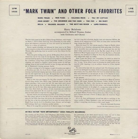 Harry Belafonte : "Mark Twain" And Other Folk Favorites (LP, Album, Mono, RP, Roc)