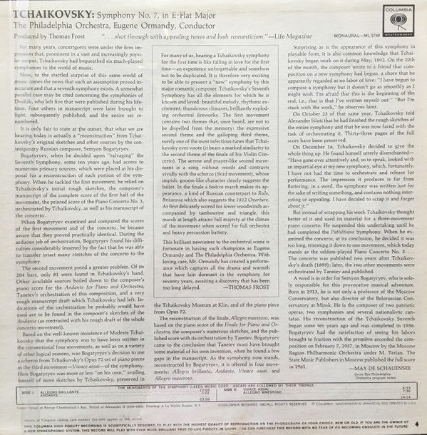 Pyotr Ilyich Tchaikovsky : The Philadelphia Orchestra, Eugene Ormandy : Symphony No. 7 In E-Flat Major (LP, Mono)
