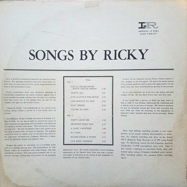 Ricky Nelson (2) : Songs By Ricky (LP, Album, Mono, Ind)