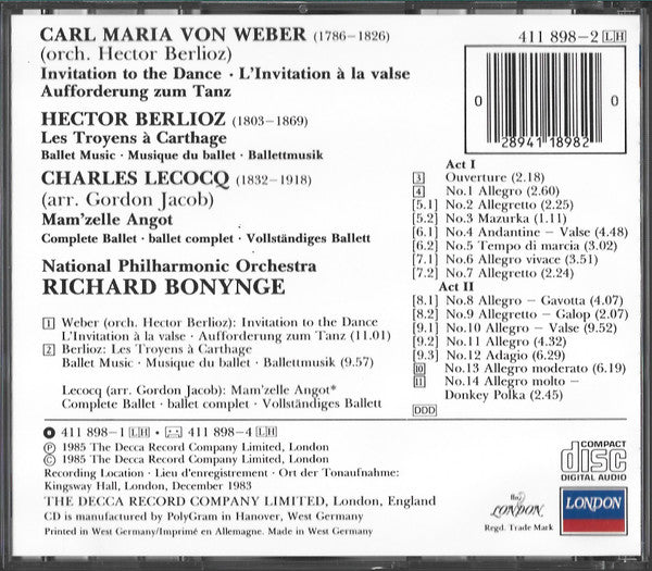 Carl Maria von Weber / Hector Berlioz / Charles Lecocq - National Philharmonic Orchestra, Richard Bonynge : Invitation To The Dance / Les Troyens A Carthage / Mam'zelle Angot (CD, Album)