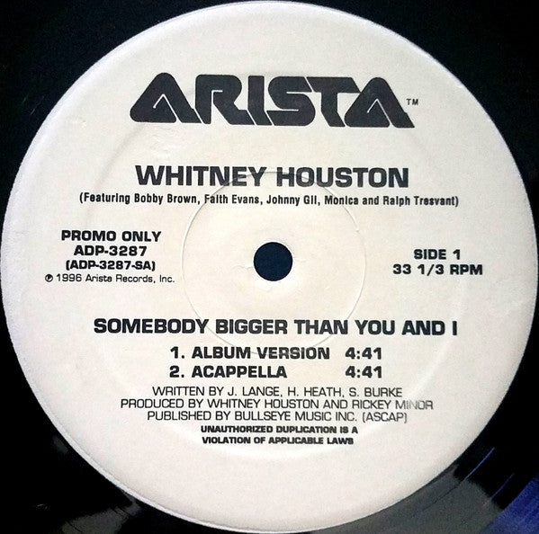 Whitney Houston : Somebody Bigger Than You And I (12", Promo)