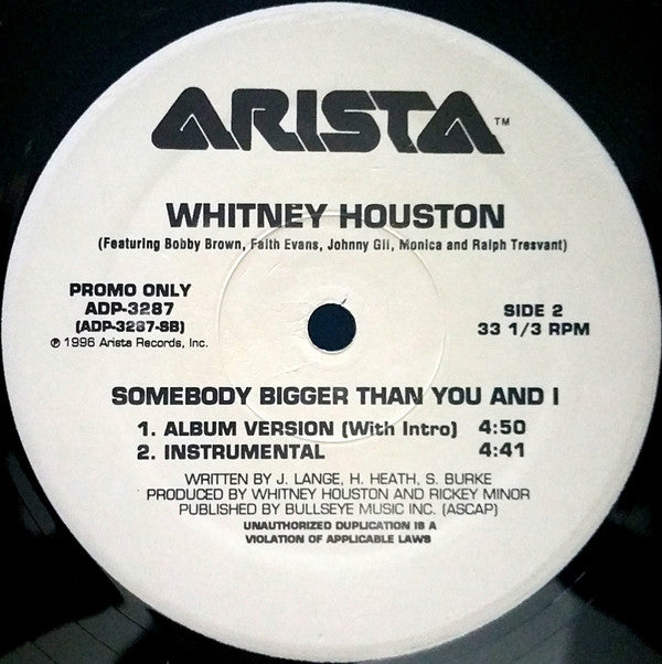 Whitney Houston : Somebody Bigger Than You And I (12", Promo)