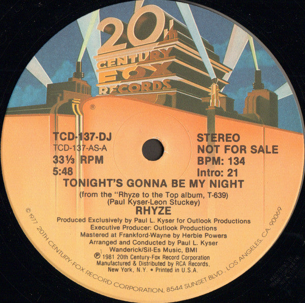 Rhyze : Tonight's Gonna Be My Night (12", Mono, Promo)