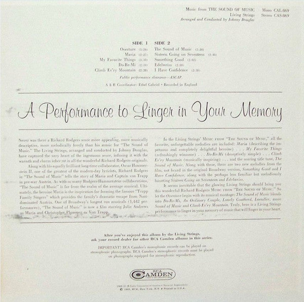 Living Strings : Music From "The Sound Of Music" (LP, Album)