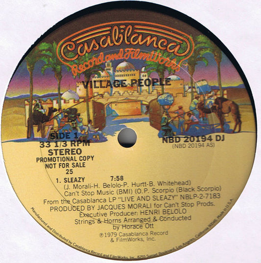 Village People : Sleazy (12", Single, Promo, 25-)