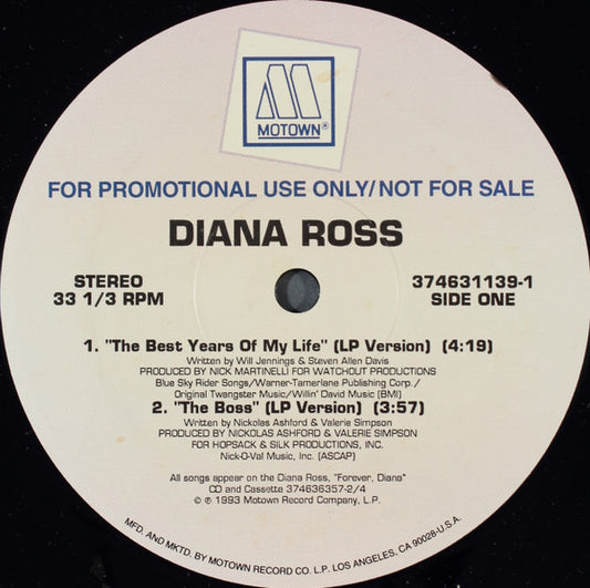 Diana Ross : The Best Years Of My Life / The Boss / Ain't No Mountain High Enough / Someday We'll Be Together (12", Promo, Smplr)