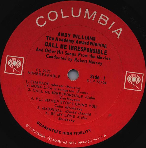 Andy Williams : Call Me Irresponsible And Other Hit Songs From The Movies (LP, Album, Mono)