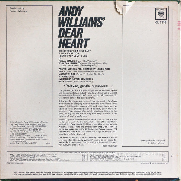 Andy Williams : Andy Williams' Dear Heart (LP, Album, Mono)