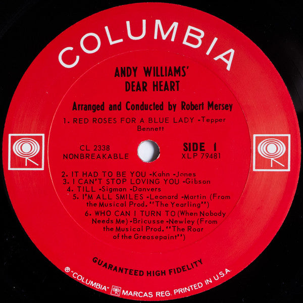 Andy Williams : Andy Williams' Dear Heart (LP, Album, Mono)