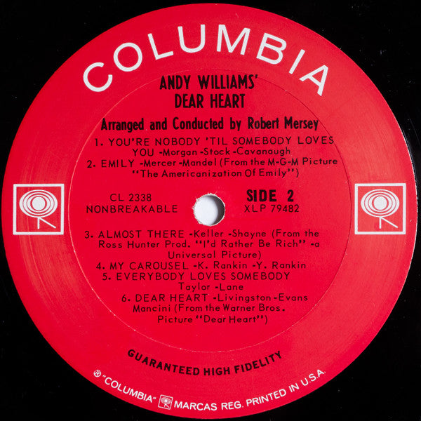 Andy Williams : Andy Williams' Dear Heart (LP, Album, Mono)