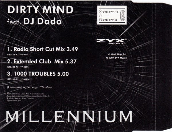 Dirty Mind Feat. DJ Dado : Millennium (The Dance Versions) (CD, Single)