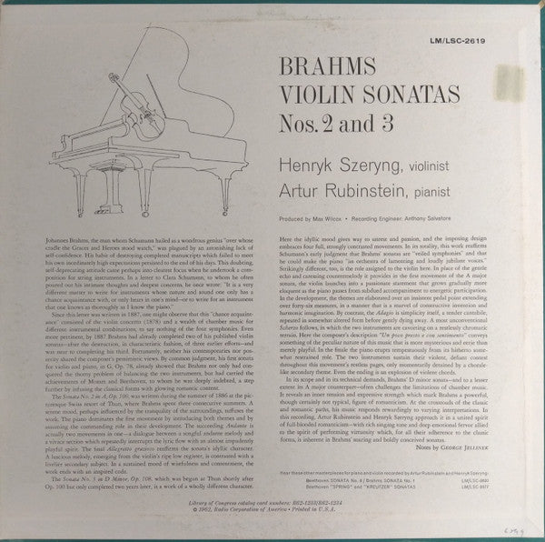 Johannes Brahms, Arthur Rubinstein And Henryk Szeryng : Violin Sonatas No. 2, Op. 100 • No. 3, Op. 108 (LP, Mono)