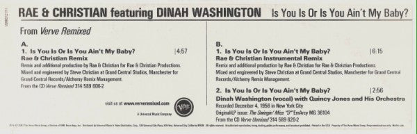 Rae & Christian Featuring Dinah Washington : Is You Is Or Is You Ain't My Baby? (12", Promo)