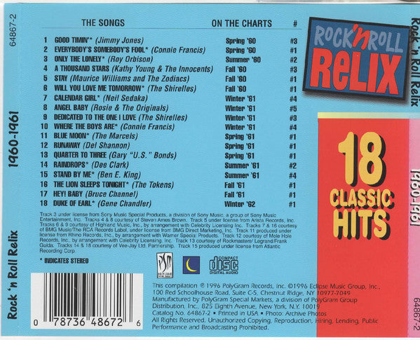 Various : Rock 'N Roll Relix (18 Classic Hits) (CD, Comp, Mono, PMD)